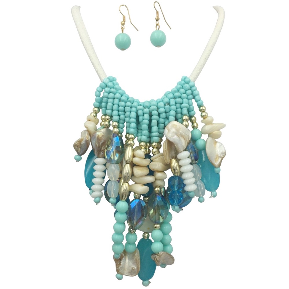 Aqua Blue Bead Shell Dramatic Necklace Earring Set